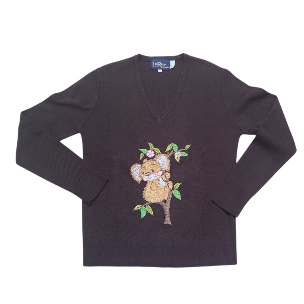 LeRoy brown knit Sweater with Koala embroidered Design, eucalyptus, vintage 60's